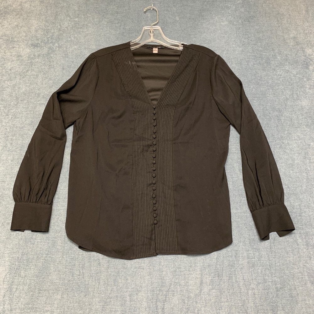 T Tahari Blouse Top Womens Small Black Pintuck Pleating V Neck Button Front